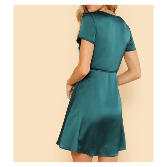 LAST ONE! Green Surplice Wrap Satin Dress - Picture 3 of 8